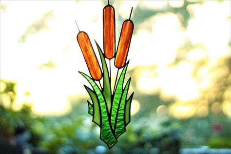 Cattails Suncatcher, Stained glass Cattails, Flower, Window hanging, Bulrush, Marsh Plant Bull Rushes, Diy Stained Glass Window, Aquatic Garden, Stained Glass Patterns Free, Fused Glass Artwork, Flower Window, Stained Glass Birds, Making Stained Glass, Custom Stained Glass