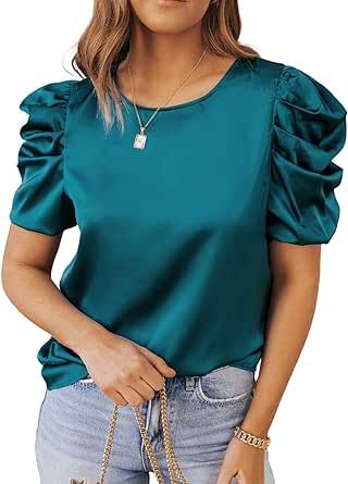 Puff Blouse, Lisa Fischer, Satin Bluse, Satin Shirt, Puff Sleeve Blouse, Satin Blouse, Puff Sleeve Top, Blue Blouse, Puff Sleeves