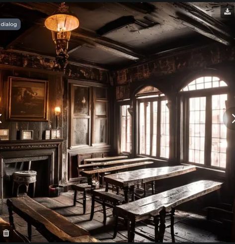 Boots & Crow Hostelry - Tavern, gouged and scratched wooden bench, dirty cobwebbed windows, sticky tables, fireplace, mugs, smoky, old building Victorian Tavern, Old Tavern, Magical Home, Wooden Bench, Anne Of Green Gables, Green Gables, Old Building, Dinner Table, Live Life