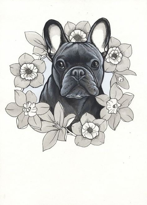 Tattoo Dog, French Bulldogs, Dog Design, French Bulldog, Bulldog, Flowers, Black, Design