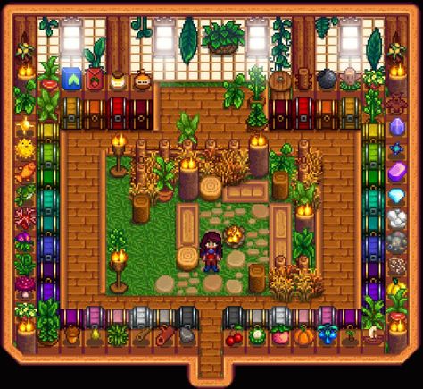 Storage Room Stardew Valley, Sdv Shed Design, Chest Room Stardew Valley, Stardew Storage, Stardew Chest Organization, Stardew Valley Storage Shed, Stardew Shed Layout, Stardew Valley Shed Ideas, Stardew Layout