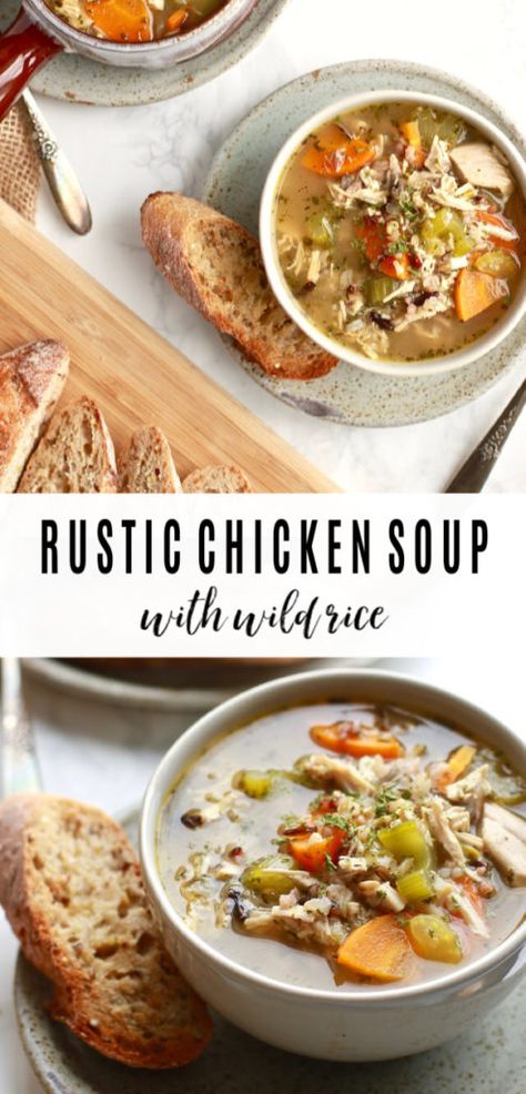 This healthy and easy rustic chicken and wild rice soup recipe (it could be called a stew too!) is so perfect for Fall. It is easily made on the stovetop in less than 30-minutes and is gluten free and dairy free too! Chicken And Wild Rice Soup, Easy Chicken Soup, Wild Rice Soup Recipes, Wild Rice Recipes, Rustic Chicken, Chicken Wild Rice Soup, Rice Soup Recipes, Dairy Free Soup, Healthy Chicken Recipes Easy