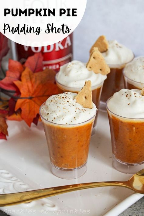 Pumpkin Pie Shots Alcohol, Fall Pudding Shots, Pumpkin Spice Pudding Shots, Pumpkin Rumchata Pudding Shots, Pumpkin Pie Shots Rumchata, Pumpkin Pie Pudding Shots, Pumpkin Pie Pudding, Fun Fall Treats, Pudding Shot Recipes