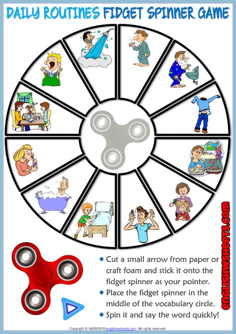 Daily Routines ESL Printable Fidget Spinner Game For Kids Vocabulary Games For Kids, Verbs Esl, English Games For Kids, Verb Games, Spinner Games, Spy Bag, Test For Kids, Free Time Activities, Esl Games