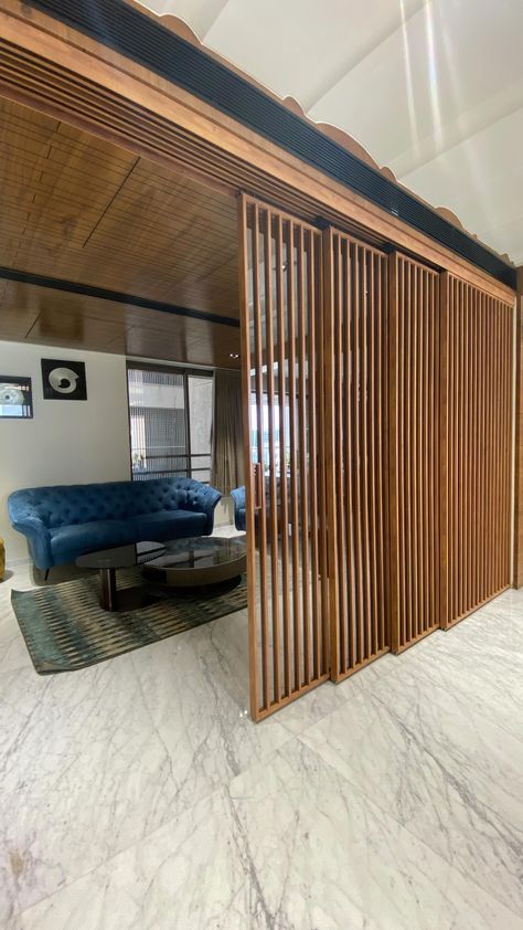 Instagram Wooden Sliding Partition Design, Moving Partition Wall, Slider Partition Design, Wooden Sliding Partition, Wooden Glass Partition Design, Glass And Wood Partition, Wood And Glass Partition, Slide Partition, Sliding Partition Design Living Rooms