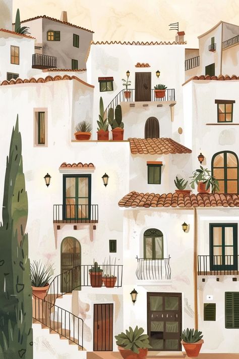 Image Town Watercolor Paintings, Gouache Building, Balcony Illustration, Property Illustration, Spain Painting, Cozy Watercolor, Houses Illustration, Town Drawing, Illustration House