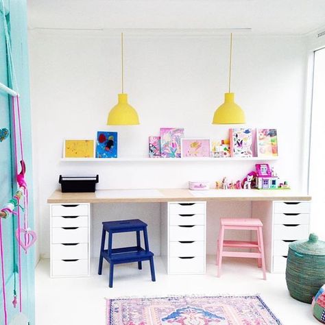 Make a colorful and functional homework space with plenty of room for display and drawers for supplies Playroom Desk, Kids Writing Desk, Kids Homework Station, Homework Space, Homework Room, Kids Workspace, Painted Stools, Desk Diy, Childrens Desk