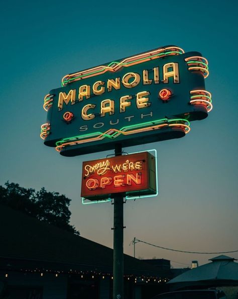 Magnolia Cafe, Austin Texas Photography, Sports Badge, Texas Photography, Vintage Neon Signs, Magnolia Blossom, Oregon Trail, Vintage Cafe, Retro Sign