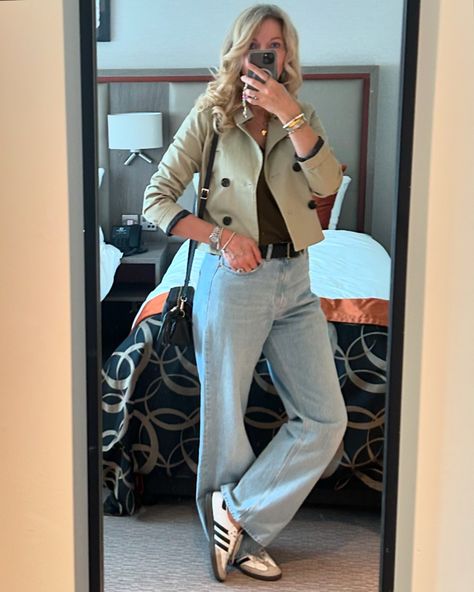 Weekend look, for a British summer 🇬🇧 Cropped Trench | Wide Leg Jeans | Adidas Trainers Outfit details in stories #wiw #widelegjeans #croptrenchcoat #wardrobebasics #outfitideas #britishsummertime #liketkit #LTKstyletip #LTKuk #LTKover50style @shop.ltk https://liketk.it/4Ijb9 Jeans Trainers Outfit, Jeans And Trainers Outfit, Adidas Trainers Outfit, Outfit Adidas, Trainers Outfit, Cropped Trench Coat, British Summer, Adidas Trainers, Chic Casual