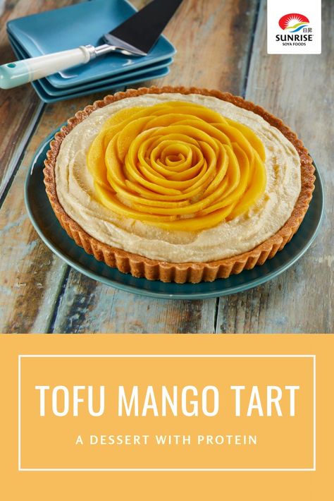 Want a slice? This Mango Tart is creamy, refreshing and made with Soft Tofu! #tofu #dessert #protein Recipes With Tofu, Tofu Dessert, Mango Tart, Soft Tofu, Tarts Crust, Spiralizer Recipes, Custard Tart, Tart Shells, Mango Flavor