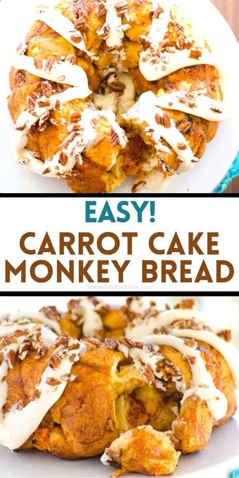 Try this easy carrot cake monkey bread for a tasty twist on the original. Shredded carrots, crushed pineapple and pecans are the stars of this show! Carrot Cake Monkey Bread, Churro Monkey Bread, Recipes For Shredded Carrots, Coconut Cream Cheese Frosting, Pull Apart Bread, Monkey Bread, Carrot Cake, Easter Recipes, Cupcake Recipes