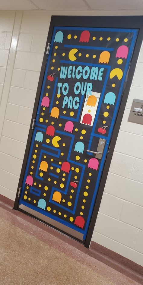 Game Theme Classroom Doors, Level Up Door Decorations, Student Work Bulletin Board Ideas Middle School, Video Game Theme Bulletin Board Ideas, Game On Door Decorations, Tiktok Classroom Theme, Pacman Bulletin Board Ideas, Arcade Bulletin Board, Video Game Hallway Theme