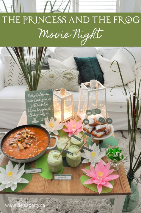 The Princess and the Frog Party -Dinner and Movie: all the party ideas, decor, recipes and printables for a themed family movie night or party. Princess And The Frog Dinner, Princess And The Frog First Birthday, Princess And The Frog Party, Disney Themed Movie Night, Frog Food, Disney Movie Night Food, Tiana Birthday Party, Disney Movie Night Dinner, Movie Night Dinner