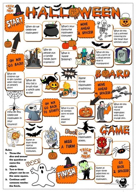 Halloween - board game - English ESL Worksheets for distance learning and physical classrooms Halloween Board Games, Halloween Board Game, Halloween Quiz, Halloween Vocabulary, Halloween Lesson, Halloween Board, Esl Games, Halloween Worksheets, Halloween Traditions