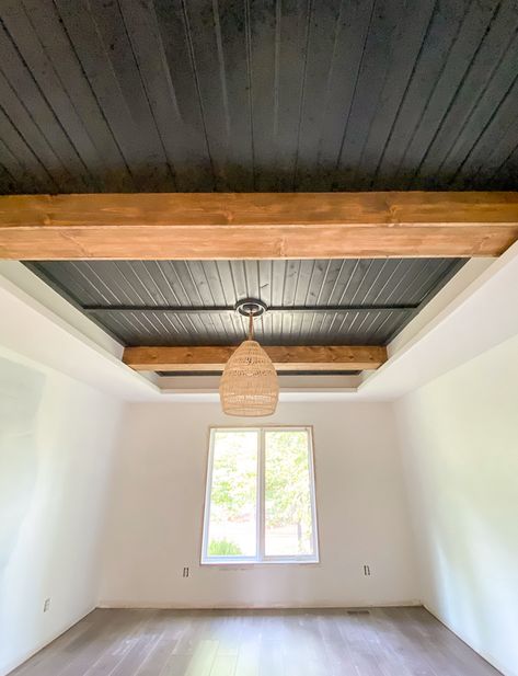 Black Stained Wood Ceiling, Wood Beam Tray Ceiling, Basement Tray Ceiling Ideas, Shiplap Entire Room, Half Vaulted Ceiling With Beams, Painted Wood Ceiling With Beams, Tiny Home Rustic Interior, Dining Room Tray Ceiling Ideas, Adding Wood To Ceiling