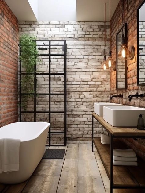 Exposed Brick Bathroom – Nymphs Industrial Chic Bathroom, Bathroom With Brick Wall, Bathroom Industrial Style, Exposed Brick Bathroom, White Brick Wall Interior, Brick Wall Bathroom, Exposed Brick Interior, Brick Apartments, Modern Industrial Bathroom