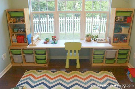 I love this desk/homework areas! Great tips on how to create a playroom that will grow with your child! Ikea hacks! Vertical Playroom Storage, Vertical Storage Ideas, Cubicle Storage, Linnmon Table Top, Creative Toy Storage, Ikea Trofast Storage, Trofast Ikea, Ikea Trofast, Desk Diy