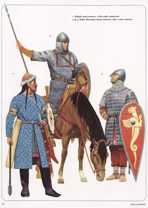 Maile armour; 11th AD; Seljuk Turk; Norman mercenary Byzantine Army, Norman Knight, Military Illustration, Warriors Illustration, Historical Warriors, High Middle Ages, Warriors Art, Medieval Ages, Empire Romain