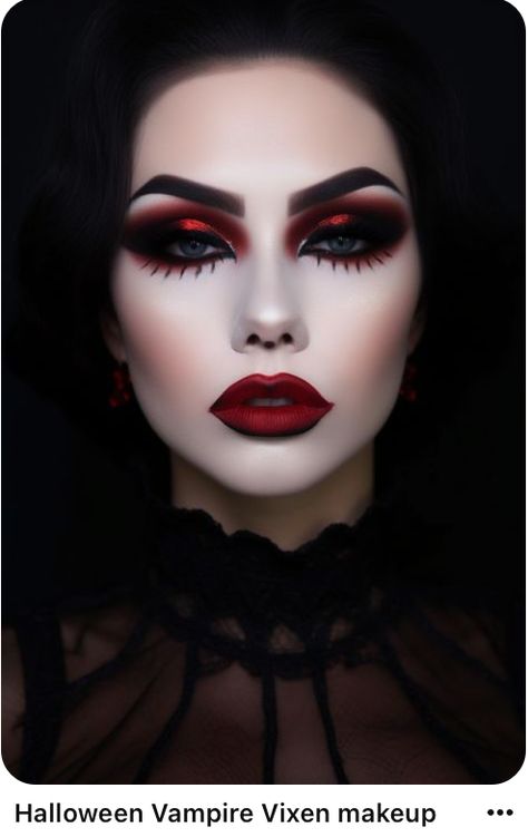 Red Vampire Eye Makeup, Women Vampire Makeup, Make Up Halloween Vampire, Red Witch Makeup, Goth Makeup Inspiration, Dark Vampy Makeup, Vampire Make Up, Scary Vampire Makeup, Gothic Vampire Makeup