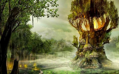 The Sacred Tree In Dreams And Myths Tree House Wallpaper, Fantasy Backgrounds, Castle Illustration, Forest Drawing, Atmospheric Phenomenon, New Fantasy, House Illustration, Fantasy City, Tree Wallpaper