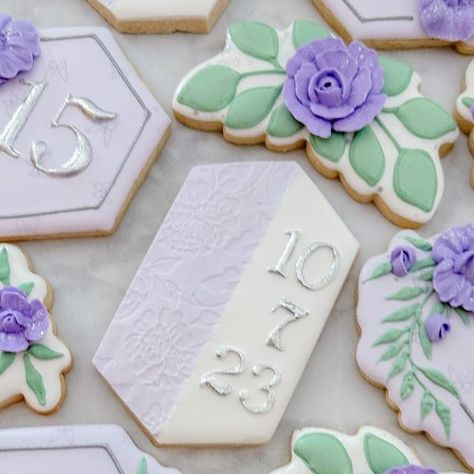 Mandy Edmunds on Instagram: "I’m honored that these gorgeous and elegant cookies are being served at Emmie’s quinceñera! I hope her quince is everything she dreamed it would be! #sugaredupcookies #customcookies #quincenera #quinceñeracookies #galletaspersonalizadas #galletasquinceaños #floralcookies #fifteenthbirthdaycookies #weddingcookies #texturedparchmentcookies #classy #elegantcookies" Green And Lavender Wedding, Wedding Cookies Decorated, Elegant Cookies, Fifteenth Birthday, Green And Lavender, Mom Wedding, Wedding Cookies, Lavender Wedding, Custom Cookies