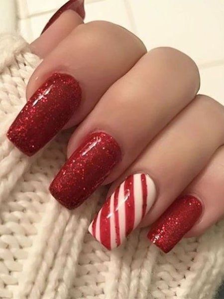 50 Easy Nail Designs You Can Do at Home (2022) - The Trend Spotter Christmas Nail Art Ideas, December Nails, Candy Cane Nails, Red Nail Art, November Nails, Stiletto Nail Art, Holiday Nail Designs, Cute Christmas Nails, Christmas Nails Easy