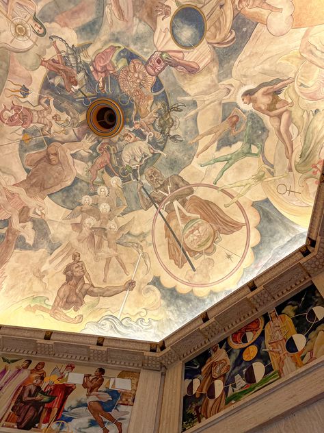 Roman/Greek gods along with scientists painted on the ceiling renissance style in a mural Greek Mythology Mural, Greek Mural, Roman Painting, Mythology Paintings, Greek Paintings, Greek Myth, Ceiling Murals, Greek Statues, Griffith Observatory