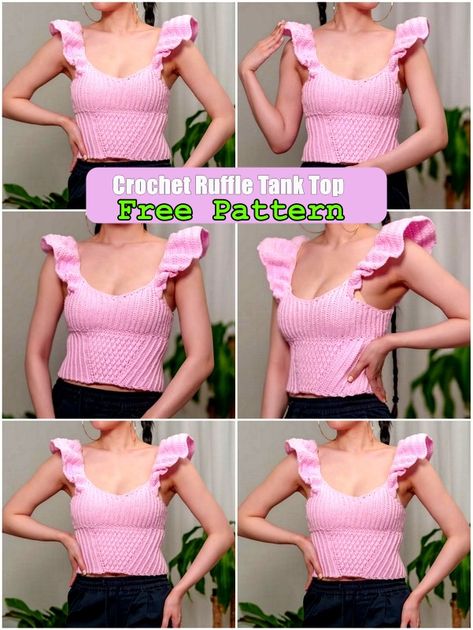 Ruffle Tank Top Free Crochet Patterns Ruffle Top Pattern, Crochet Ruffle Top, Tank Top Pattern, Custom Tanks, Custom Tank Tops, Crochet Ruffle, Ruffle Tank Top, Basic Crochet Stitches, Comfortable Tops