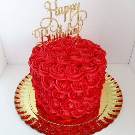 Red Rosette Cake, Rosette Cakes, Red Birthday Cakes, Gold Birthday Cake, Rosette Cake, Custom Birthday Cakes, Mom Party, Red Cake, 3d Cakes