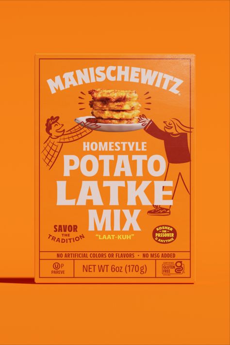 Kosher food brand Manischewitz has been around for over 130 years, slinging traditional Jewish food like matzo, macaroons, egg noodles, gefilte fish, and cake mixes, and they've remained a mainstay of the kosher aisle that sits alongside the likes of Streits and Yehuda.  But, according to them, that’s a big problem for the brand, and they wanted to appeal to a new generation of folks and break free of the kosher aisle. Baking Mix Packaging, Egg Advertising, Egg Branding, Premium Food Packaging, Packaging Design Food, Gefilte Fish, Kosher Food, Peanut Butter And Banana, Smart Packaging