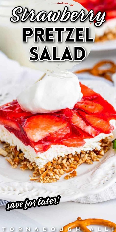 This strawberry pretzel salad is a simple and classic dessert. It is a great treat to bring to potlucks, holidays, meals, and more. Strawberry pretzel salad is so easy to make and uses ingredients like jello, sugar, pretzels, and powdered sugar. This salad is a great spring or summer dessert because it is the perfect blend of sweet and salty. Make this delicious strawberry pretzel salad as an easy dessert for any occasion! Strawberry Pretzel Salad Recipe, Strawberry Pretzel Dessert, Pretzel Desserts, Strawberry Pretzel Salad, Pretzel Salad, Strawberry Pretzel, Quick Dessert, Homemade Whipped Cream, Easy Strawberry