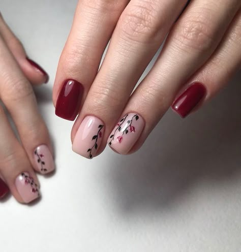 1 Finger Nail Art, Dark Red Nails With Flowers, Red Floral Nails Acrylic, Red Floral French Tip Nails, Red Floral Nail Designs, Red Flower Nail Art, Spring Nails Art Designs, Easter Nails Designs, Spring Nail Art Ideas