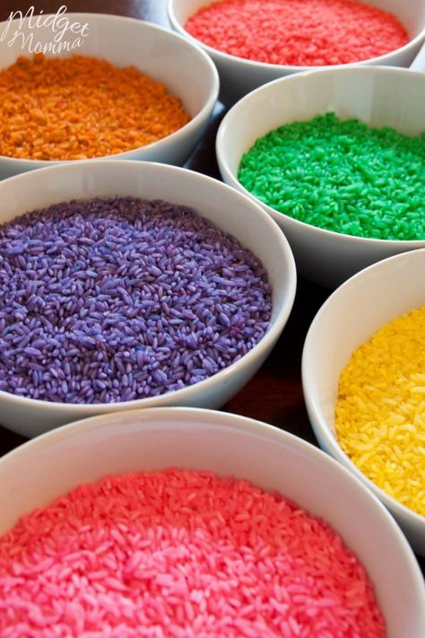 Colored Rice Dye Rice, Valentine Sensory, Easy Kid Activities, Rainbow Rice, Rice Box, Colored Rice, Sensory Boxes, Gel Food Coloring, Afterschool Activities