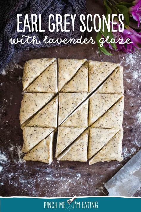 For an easy and unique scone recipe, look no further than these flaky, buttery Earl Grey scones with a fragrant lavender glaze. Delicious on their own with a nice cup of hot tea, they're not too sweet to spread with clotted cream or homemade lemon curd! You can make these start to finish in about 30 minutes. Earl Grey Lavender Scones, Lavender Earl Grey Scones, Earl Grey Scones Recipe, Unique Scone Flavors, Scone Glaze Recipe, Mini Scones Recipe, Lavender Scones Recipe, Unique Scones, Unique Baked Goods