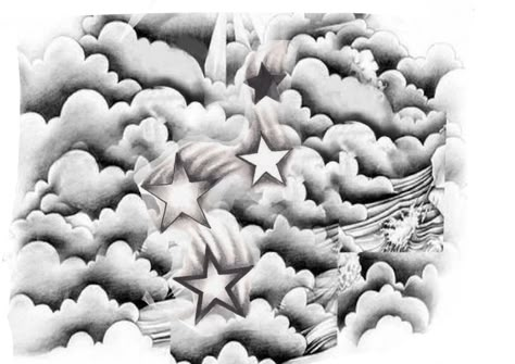 Background Designs For Tattoos, Cool Memorial Tattoos, Background Clouds Tattoo, Forearm Cloud Tattoo For Men, Cloud Tattoo Chest, Cloudy Tattoos, Cloud Filler Tattoo Design, Back Calf Tattoos Men, Cloud And Stars Tattoo