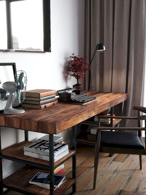 sewing home accessories sewing home accessories homeaccessories Most reclaimed wood comes from old b Dark Wood Desk, Wood Desks, Bureau Decor, Reclaimed Wood Desk, Industrial Office Design, Work Space Decor, Creative Workspace, Workspace Design, Home Office Setup