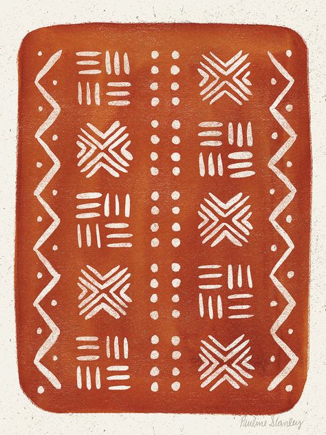 A beautiful blood orange background is home to shapes, symbols and patterns that please the eye and warm the soul. This lovely piece from Richmond native Pauline Stanley brings love and life into your home or office. Mud Cloth Pattern Rust by Pauline Stanley is produced with printing that covers the entirety of the canvas for a sleek and stylish museum-quality look. Our framed prints are made by expert craftsmen who strive to make each canvas the masterpiece that your home deserves. Each of our Mud Cloth Pattern, African Interior Design, Africa Art Design, African Pattern Design, Cloth Pattern, Diy Wall Art Decor, Pottery Painting Designs, Africa Art, African Pattern