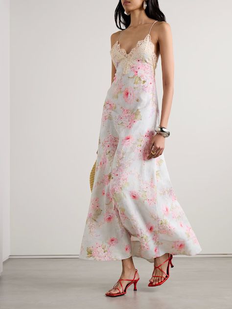 MARIA'S STYLE PLANET: Halliday lace-trimmed floral-print linen maxi dress Romantic Fashion Style Casual, Zimmerman Dress Outfit, Zimmerman Dress Floral, Net A Porter Dress, Bridal Loungewear, Jungle Dress, Zimmerman Dress, Dress With Lace Trim, Zimmermann Dress