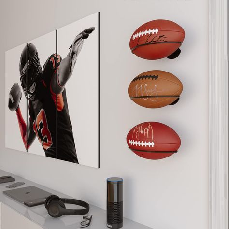 Amazon.com: Wallniture Sporta Wall Mount Football Rack, Ball Holder Organization and Storage Rack, Sports Room Decor, Steel, Black : Sports & Outdoors Football Room Decor, Sports Room Boys, Football Displays, Football Rooms, Football Bedroom, Sports Room Decor, Sport Bedroom, Boys Bedroom Makeover, Ball Holder