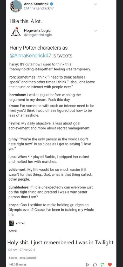 Anna Kendrick Tweets, Yer A Wizard Harry, Potter Facts, Harry Potter Headcannons, Harry Potter 2, Harry Potter Facts, Harry Potter Jokes, Harry Potter Marauders, Harry Potter Love