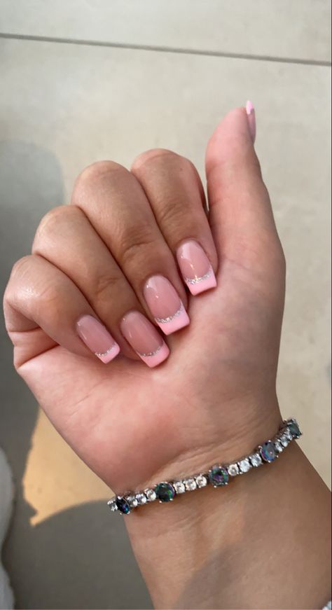 Pink Gel Extensions, Pink Tip Nails With Glitter, Pink French Tip Nails With Silver Line, White French Tips With Pink Line, Pink French With Glitter, Pink French Tips With Silver Outline, Pink And Glitter French Tip Nails, Biab Nails Extension, Pink Sparkle French Tip