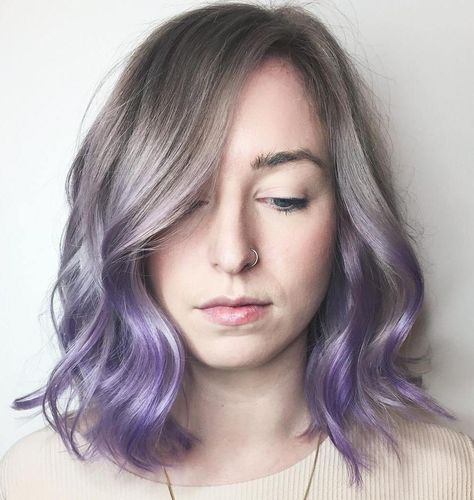 Ash+Brown+To+Lavender+Ombre+Bob Lavender Ombre Hair Brown, Lavender Ombre Hair, Faded Lavender Hair, Brown To Purple Ombre Hair Short, Lilac Ends Hair, Brown To Lavender Ombre, Lavender Hair Ombre, Violet Hair Colors, Brown Ombre Hair Color