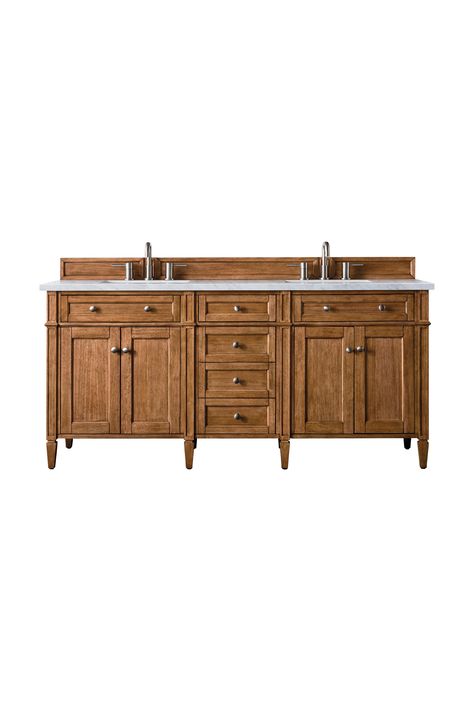 Brittany 72" Double Vanity Silestone Countertops, James Martin Vanity, Satin Nickel Hardware, Wood Backsplash, Transitional Vanity, Subtle Luxury, James Martin, Double Basin, Double Sink Bathroom