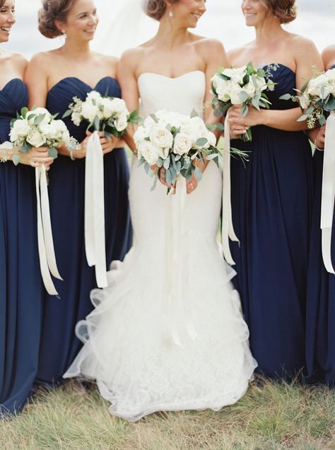 Trending: Long Ribbons on Bouquets. #weddings #bouquets #ribbons #bouquettails White Bouquets, Navy Blue Bridesmaids, Navy Blue Bridesmaid Dresses, Navy Bridesmaid Dresses, Blue Wedding Flowers, Summer Wedding Colors, Navy Blue Wedding, Navy Wedding, Blue Bridesmaid Dresses