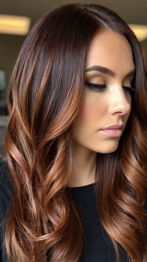 💫💖 Must-Try Hairstyles Elegant fall hair colors copper highlights Inspiration 💫 Brunette Copper Balayage, Brunette Copper, Copper Balayage Hair, Smooth Hairstyles, Fall Hair Colors Copper, Highlights Inspiration, Highlights On Black Hair, Copper Blonde Hair Color, Hairstyles Elegant