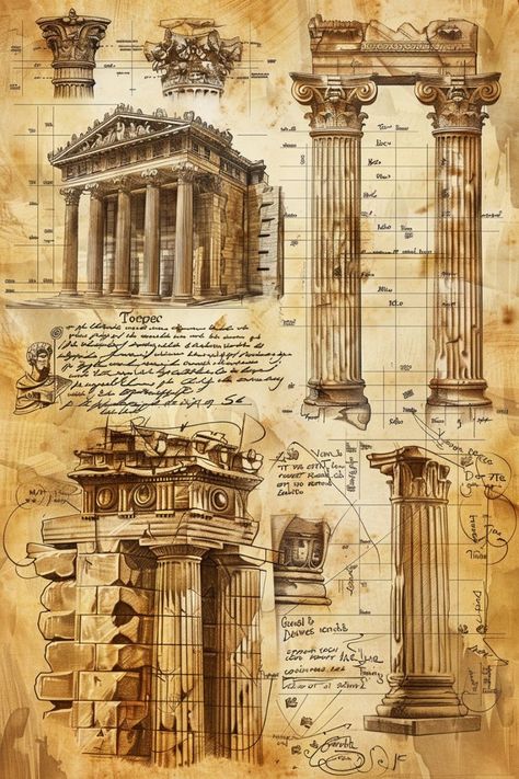 Architecture Drawing Portfolio, Ancient Greek Structures, Greek Ancient Architecture, Greek Mythology Architecture, Churches Drawing, Greek Architecture Drawing, Classical Architecture Exterior, Greek Orders, Ancient Greece Architecture