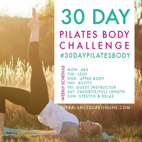 Introducing the FREE 30 Day Pilates Body Challenge hosted by Robin Long and The Balanced Life! Free Pilates Workout, Pilates Workout Videos, Pilates Challenge, Pilates Workout Routine, Pop Pilates, Month Of Love, Pilates Body, Pilates Training, Body Challenge