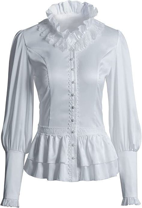 VANGARSUN Women Vintage Victorian Long Sleeve Corset Top Lace Ruffled Blouse Stand Collar Shirts(White,M) at Amazon Women’s Clothing store Victorian Womens Shirt, Ruffled Collar Shirt, Victorian Sleeves, Long Sleeve Corset Top, Victorian Shirt, Long Sleeve Corset, Ruffle Collar Shirt, Women Ruffle Blouse, Slim Blouse