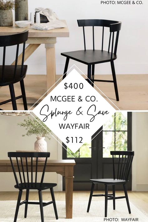 If you're looking for black spindle dining chairs, look no further! I found a McGee and Co. Reeves chair dupe that will give you the Studio McGee look for less. #copycat #inspo #decor #kitchen #diningroom #windsor Black Spindle Dining Chair, Black Windsor Chairs And Farm Table, Kitchen Chair Ideas, Black Wood Dining Chairs, Apolstered Chairs, Mcgee And Co Dining Room, Mcgee And Co Dining, Modern Traditional Dining, Rustic Dining Room Chairs