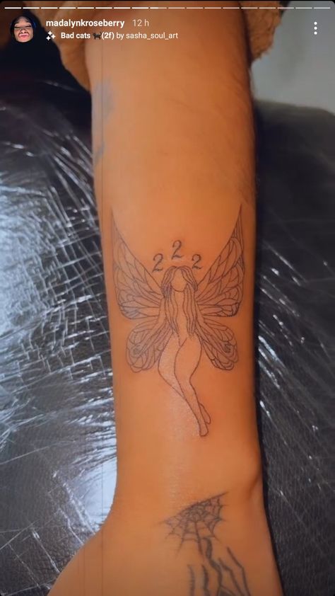 #tattoo #tattoos #tattooinspo #angelnumber #angelnumbers #angelnumbertattoo #angel #222 ° Follow @thatgirljo__ for more🦋 Black Fairy Tattoos For Women, Angle Number Tattoo Ideas, Fairy Tattoo On Arm, Angel Number Tattoo Ideas 222, 222 Tattoo With Butterfly, Independent Tattoo Ideas, Fairy Tattoo On Black Women, 888 Tattoo Ideas, Outside Wrist Tattoos For Women